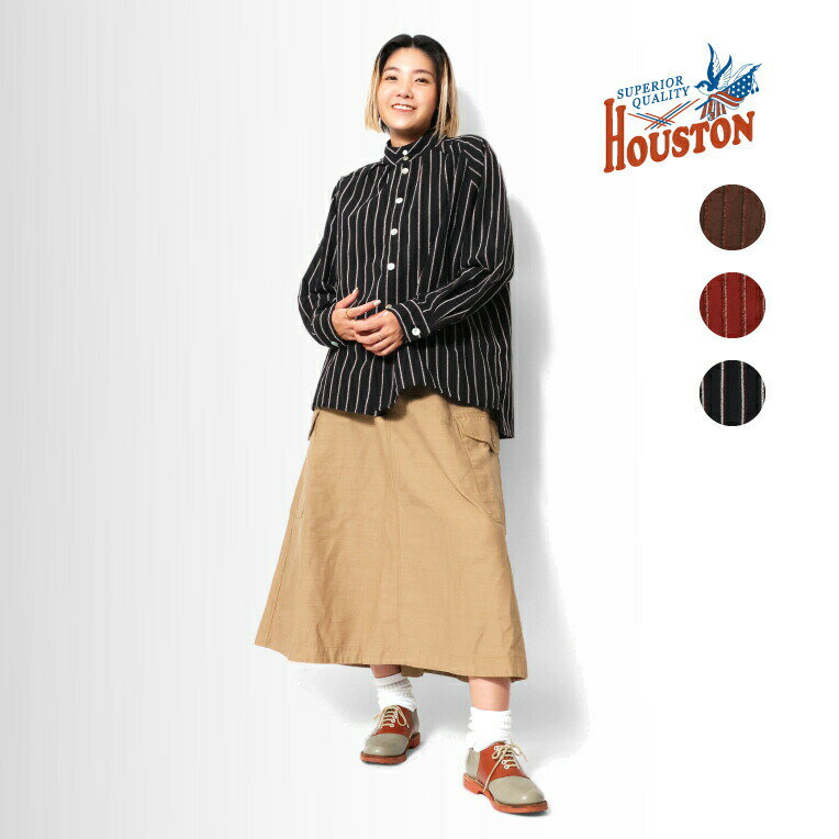 HOUSTON woman / ヒューストン ウーマン 23HL066 STRIPE HI-NECK BLOUSE / ストライプ ハイネックブラウス -全3色- チュニック 体型カバー ゆったり モックネック ヴィンテージ アメカジ カジュアル 23HL066