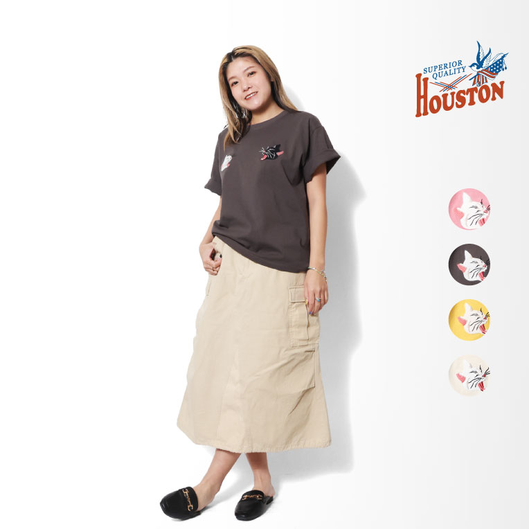 楽天HOUSTON楽天市場店HOUSTON woman / ヒューストン ウーマン 2011W EMBROIDERY TEE （CAT） / 刺繍TEE -全4色- シンプル ワンポイント 猫 ネコ レディース クルーネック 厚手 アウトドア アメカジ ミリタリー [2011W]