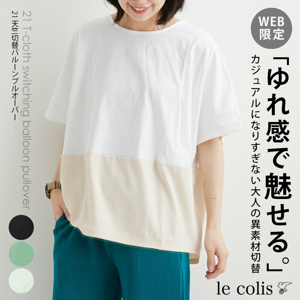 【50％OFF】【WEB限定】21 天竺 切替 バルーン プルオーバーレディース トップス le colis ルコリ 夏 カットソー 半袖 5分袖 オフショルダー ラウンドネック 異素材 バイカラー 前後差 ドッキング 切り替え 綿 ゆったり 体型カバー シンプル カジュアル 大人 おしゃれのサムネイル