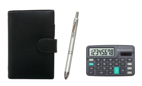 ミニ電卓付 エコB7牛革ミニシステム手帳 黒 3メカシルバーセット T23-D-LS002B-3MS