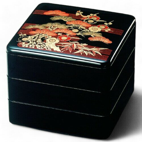 J-kitchens 漆器 重箱 3段 6.5寸 重用 黒松竹梅 19cm 樹脂製 お重 お重箱 日本製