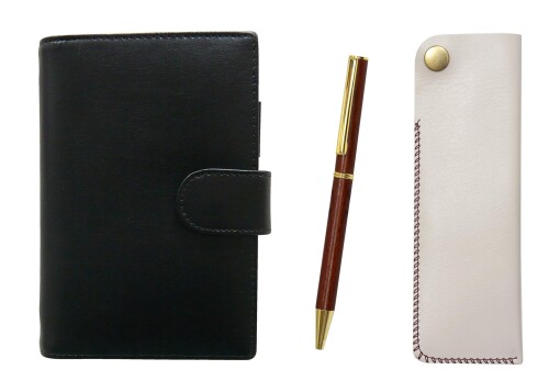 エコB7牛革ミニシステム手帳と横ホックペンケース白 木軸回転403ボールペンセット LS002B-NK01W-403