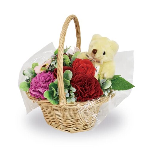 ポピー名古屋 ソープフラワー シャボンフラワー 造花 ギフト プレゼント フラワーバスケット バラ バスケット 約20cm ぬいぐるみ付き SBL-172 レッド