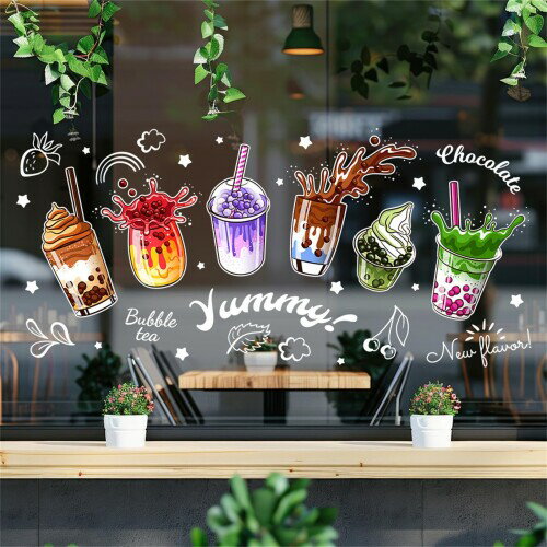 Hikosiya 静電ステッカー 窓ステッカー 風船の文字 花 Welcome コーヒー 飲み物 お店 窓 ドア 戸棚 浴室 ガラス かわいい 飾り 両面印刷 水で貼る 貼り直し可能 静電気シール インテリア おし