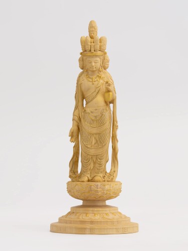 極小仏 十一面観音−12.5cm向源寺型（木製：ツゲ 金泥仕上）＿観世音菩薩 仏像 フィギュア 木彫り 置物（GSBじゅういちめんかんのんKGZ