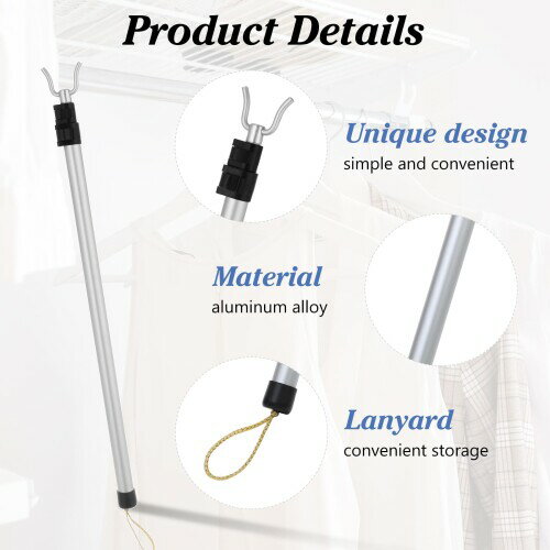 EXCEART 竿上げ棒 物干し竿 竿上げ 竿あげ 物干し竿 伸縮式 ステンレス オールステンレス 軽量 延長クローゼット フックポール ハンガー伸縮ロッド ハンガーフック 洗濯 調節可能 シルバ