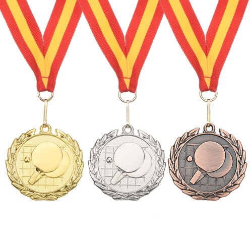 PATIKIL 50 mm ピンポンメダル 3個 卓球賞メダルセット 金銀銅メダル リボン付き レッド イエロー ゲーム スポーツ競技用