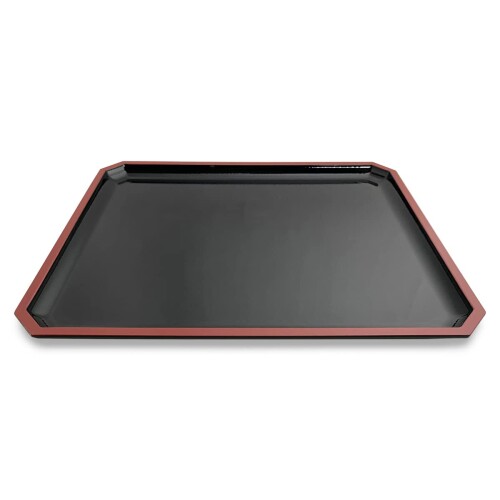 J-kitchens 長角 滑りにくい お盆 35.9×28×2cm （ 盆 トレイ トレー ） 隅切 木目 盆 黒天朱SL 尺2 日本製