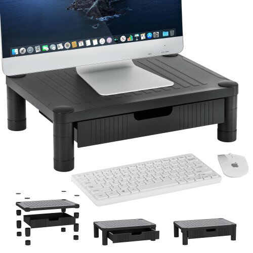 VECELO モニター台 モニタースタンド 幅42.8×奥行30.5×高さ12.8cm 引き出し 組立簡単 スマホホルダー付き 滑り止め 高さ調節可 プリンタ台 キーボード マウス収納 卓上収納 文具収納 目線が