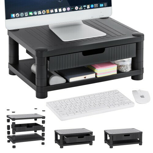 VECELO モニター台 モニタースタンド 幅42.8×奥行30.5×高さ18.7cm 二段式 引き出し 組立簡単 スマホホ..