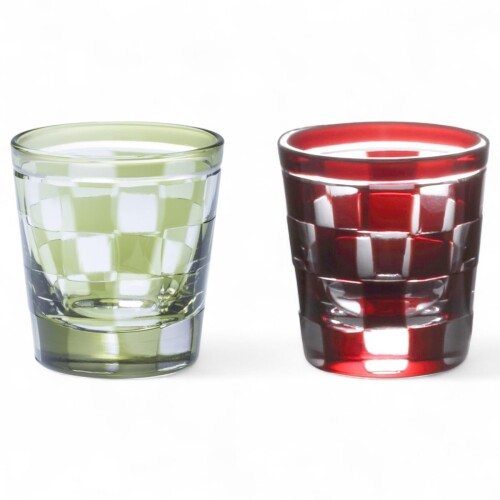 J-kitchens 水影 切子 ペア グラス カップ チェック グラス小 冷酒 盃 Φ55xH58mm 65cc 市松 グリーン &..