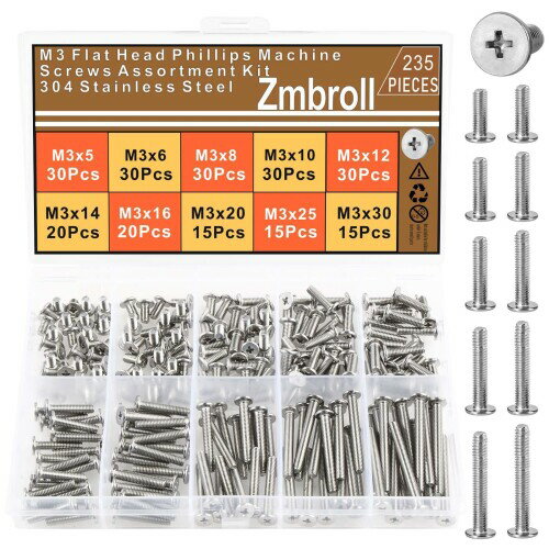 Zmbroll M3フラットラウンドヘッドネジ304ステンレススチールプラスドライブマシンスクリュー235個M3x5..