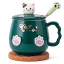 マグカップ蓋とスプーン付き 陶器 猫 コップ コーヒーカップ・マグ かわいい猫誕生日プレゼント(ホワイト) (グリーン)