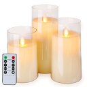 Homemory 揺らめく炎なしキャンドル 電池式 アクリルLEDピラーキャンドル リモコンとタイマー付き ガラス効果 ホワイト 3個セット