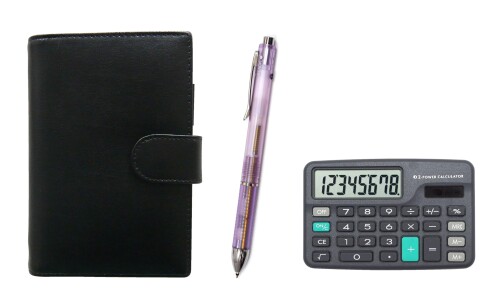 ミニ電卓付 エコB7牛革ミニシステム手帳 黒 3メカジャパンクリアセット 紫 T23-D-LS002B-CL3M-V