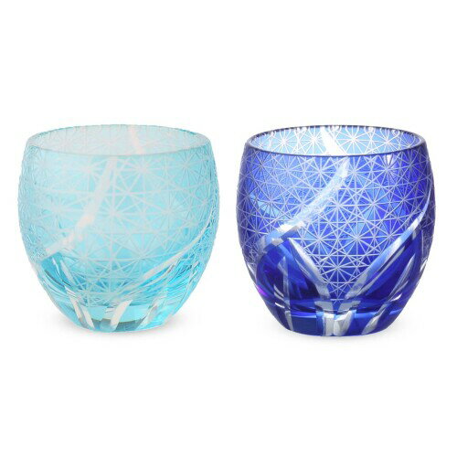 J-kitchens レトロ 切子 ペア エッグ型 グラス カップ 冷酒 盃 Φ5.5×5.9cm 100cc 乱彫小紋 アクア & ブ..