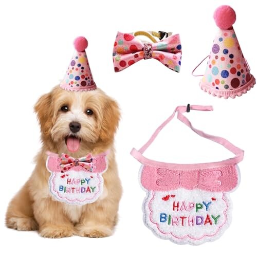 犬 誕生日 帽子 3点セット 可愛い 猫 犬用 誕生日 帽子 被り物 Happy Birthday バンダナ よだれかけ 蝶ネクタイ ペット 誕生日グッズ プレゼント 犬 バースデー 飾り (A ピンク)