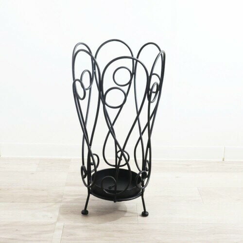アイアン傘立て、装飾的なスクロールデザイン、アンブレラスタンド、ブラック
