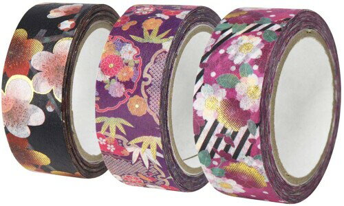 カミイソ産商 日本製 マスキングテープ 和紙 kimono美3巻 (斜縞桜・雪松竹・紅白梅)セット 幅15mm×7m巻..