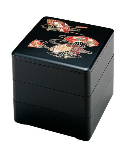 若泉漆器 3段重箱 7.5寸重 黒波扇面(内黒) 深型 H-160-5-A