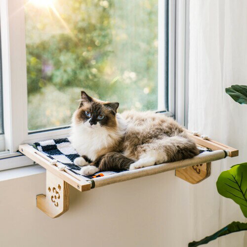 MEWOOFUN 猫ベッド 窓用 ハンモック 木製 木製と金属製フレーム 頑丈 窓枠 ベッドサイド 引き出し キャビネットなどに簡単に取り付け可能 M-56cm 37cm 17cm - チェッカーボード柄 