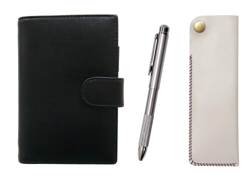 エコB7牛革ミニシステム手帳と横ホックペンケース白 オール金属回転式ボール＆シャープ ノッチグリップ..