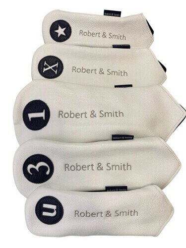(Robert&Smith) ゴルフ用品 本革 ヘッドカバー 5点セット ロゴ刺繍 フルグレインレザー ドライバーx1,ウッドx2,ユーティリティx2）英国クラシカルスタイルをモダンに再現 (ホワイト・ネイ