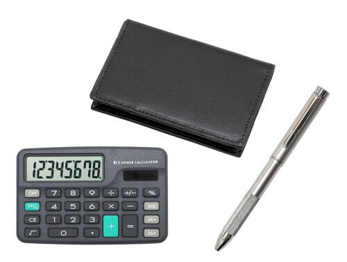 ミニ電卓付 再生牛革4ポケット名刺入 オール金属2色回転ノッチグリップボールペンセット T23-D-LS030B-..