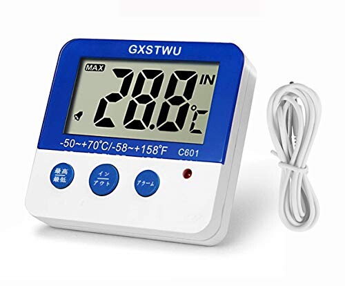 GXSTWU 冷蔵庫 冷凍庫 温度計 高温低温アラーム デジタル 水温計 水槽 最高最低温度記録 マグネット 防水外部センサー付 日本語取扱説明書付属 (一本)