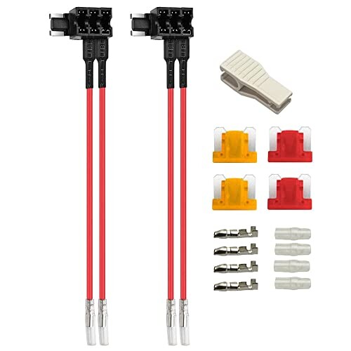 KILIGEN 2個の12V/24Vミニデュアルポートヒューズタップ回路追加、デュアルワイヤーハーネス付きミニピギーバックブレードヒューズホルダー、4個（5A/10A）ミニヒューズおよびヒューズプ