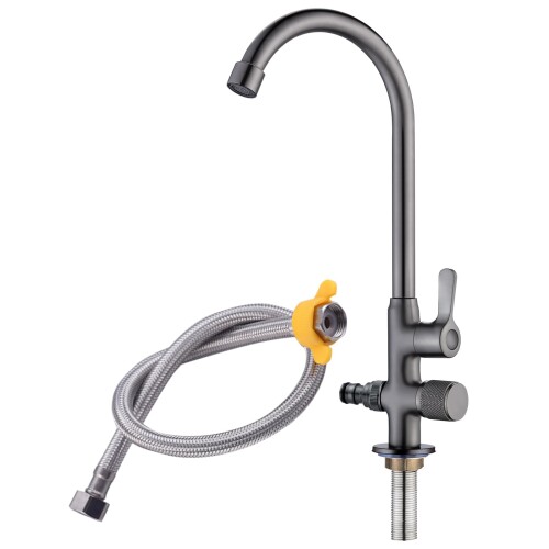 屋外用 庭シンク立て水栓 流し台蛇口 台付1穴 洗面台 分岐蛇口 二股 キッチン単水栓 ツル首吐水パイプ ..