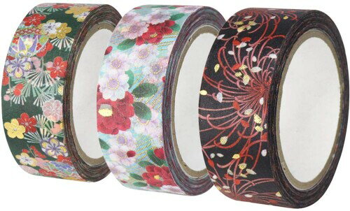 カミイソ産商 日本製 マスキングテープ 和紙 kimono美3巻 (乱菊・椿桜・手鞠梅)セット 幅15mm×7m巻 GR-..