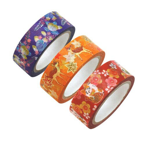 カミイソ産商 マスキングテープ kimono美 22 (橘・鹿紅葉・梅招き猫×各1) 日本製 約15mm幅×3巻セット G..