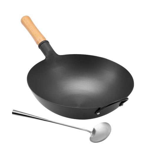 WANGYUANJI 中華鍋 34cm 無塗装 窒化鉄鍋 お玉付き IH・ガス対応 炒め鍋 焦げ付きにくい 錆びにくい 深型フライパン 木製ハンドル 炒める 蒸す 煮る 茹でる 揚げる 多用途 家庭用 (ブラック, 34
