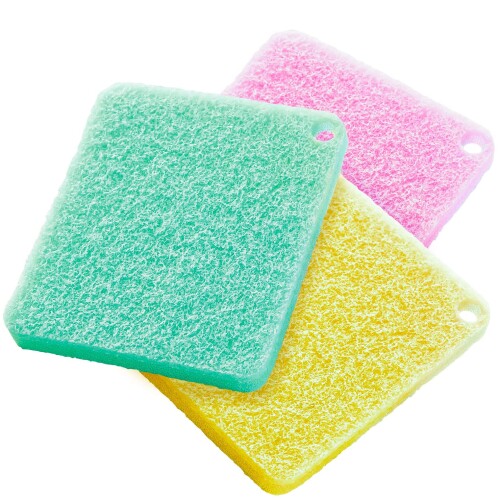 トップラボ ゴムピカ お風呂スポンジ 3色組 日本製 254897 イエロー/ピンク/グリーン 14×12×厚1.5cm