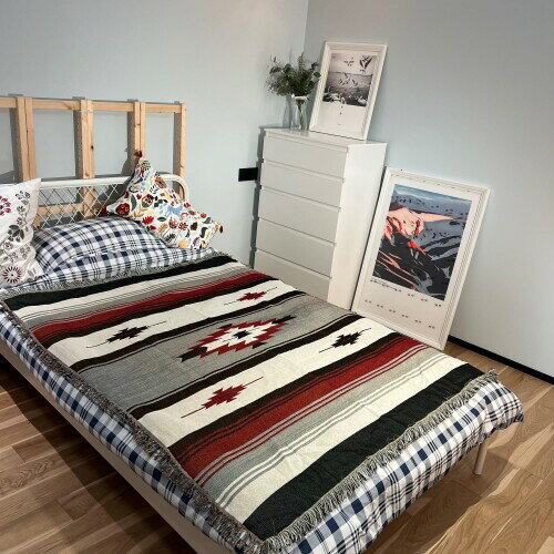 果皮森林 メキシカンラグ ネイティブ柄 キリム オルテガ柄 多機能 水洗い 四季通用 ソファーカバー ラグ おしゃれ 幾何学模様 マルチカバー ブランケット グレー，130X160cm……