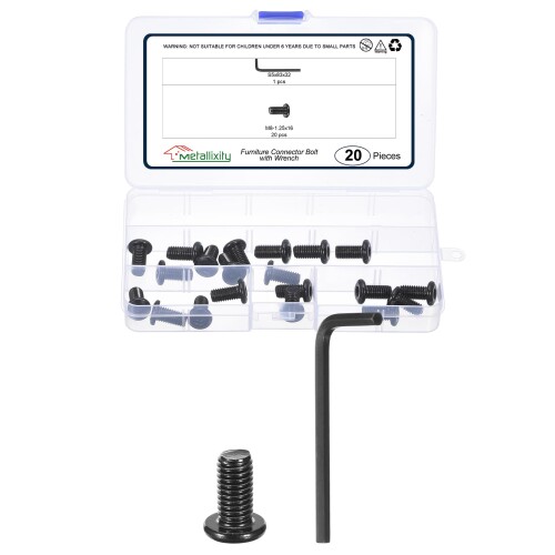METALLIXITY 平らな頭の六角ソケットキャップねじボルト（M8-1.25x16）20個、レンチ付きの鋼製六角ソケット家具ボルトねじ - 家具木工プロジェクト用、黒
