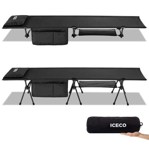 ICECO コット 1000D 耐荷重180KG 軽量2.8KG 2WAY ハイ/ロー切替可能 静音設計 キャンプ アウトドア ベッド 折りたたみ式 組立簡易 コンパクト 収納バッグ付き 日本語説明書付 (ブラック)