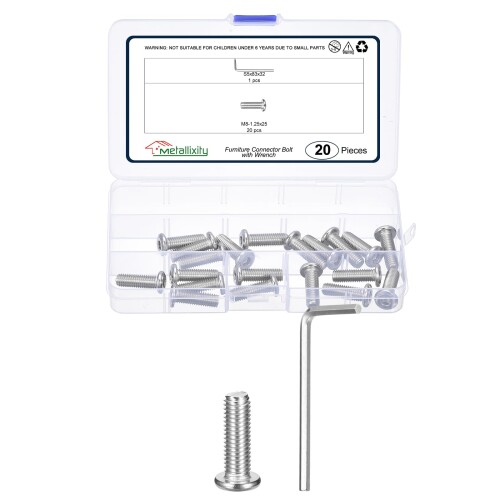 METALLIXITY 平らな頭の六角ソケットキャップねじボルト（M8-1.25x25）20個、レンチ付き鋼製六角ソケット家具ボルトねじ - 家具木工プロジェクト用、シルバートーン