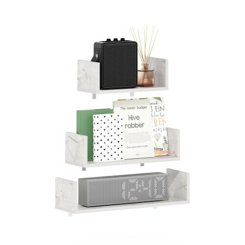 フリノ(Furinno) ロッシ(Rossi) 壁付けフローティングディスプレイシェルフ マーブルホワイト 隠しブラ..