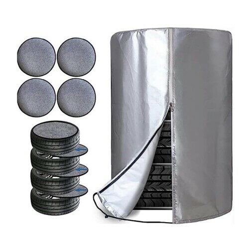 YourKit タイヤカバー 屋外保管 防水 厚手 4本収納可 軽自動車〜普通車対応 ファスナー付き (シルバー, H90cm × W65cm)