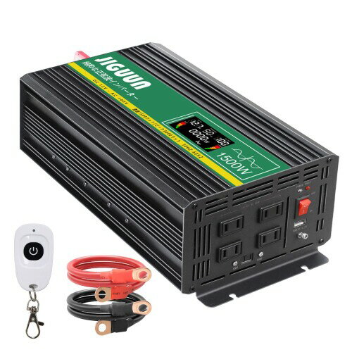 JIGUUN インバーター 正弦波 12v 1500w最大電力3000W DC 12V AC 100V変換 50HZ/60HZ 切り替え可能、AC コンセント×4、USBソケット×1 、ワイヤレスリモコンと液晶表示画面、地震、緊急停電、RV、船舶、