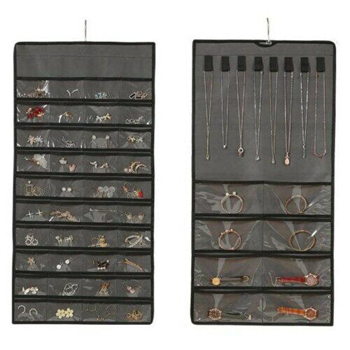 DUOLEIMI ジュエリー収納バッグ アクセサリー収納 ウォールポケット 吊り下げ 収納袋 ピアス 収納ポケット ネックレス 指輪 収納ポーチ 小物入れ 壁掛け式 両面収納 (灰)