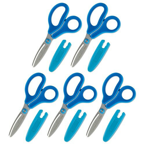 プラス はさみ フィットカットカーブ Jr ジュニア 5本セット こども用 フッ素コート 粘着テープ のり ベタつかない SC-145MF ブルー 34-670...