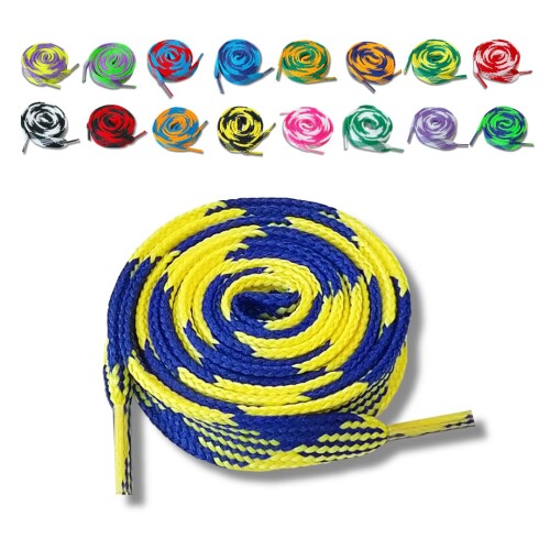 (アクティカ) 靴紐 110cm 極太 幅1.5cm 個性的なツートンカラー 幅広 平紐 ファットシューレース 日本製 ファッション平太柄 イエロー×ネイビー