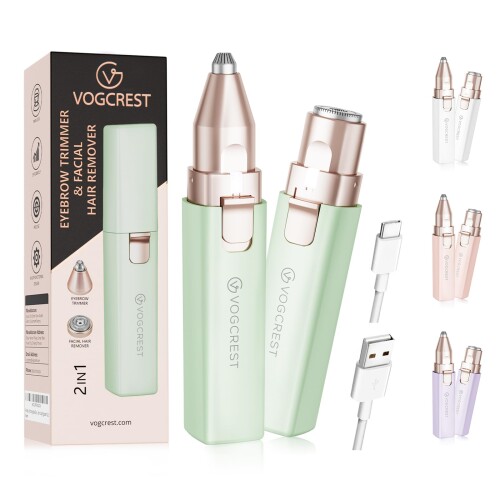 VG VOGCREST 女性用電気式フェイス・眉シェーバー:ポータブル2合1のフェイスシェーバーとアイブロウトリマー、内蔵LEDライト(グリーン)
