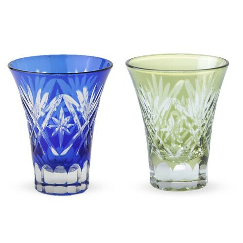 J-kitchens 郷愁 切子 ペア グラス カップ 日本酒 おちょこ 径6.2×7.8cm 60cc 星扇 ブルー & グリーン Current Model