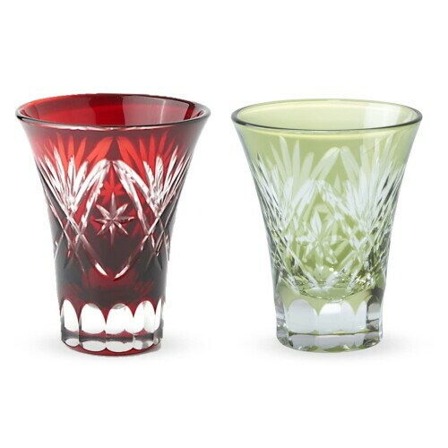 J-kitchens 郷愁 切子 ペア グラス カップ 日本酒 おちょこ 径6.2×7.8cm 60cc 星扇 レッド & グリーン Current Model