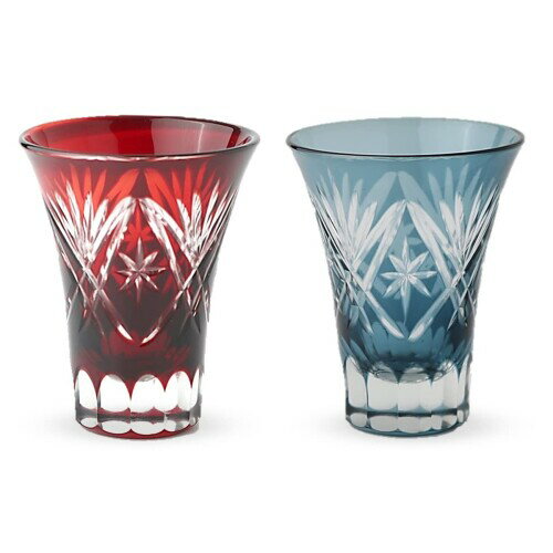 J-kitchens 郷愁 切子 ペア グラス カップ 日本酒 おちょこ 径6.2×7.8cm 60cc 星扇 レッド & インクブルー Current Model