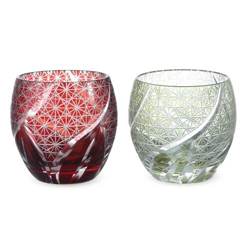 J-kitchens 郷愁 切子 ペア エッグ型 グラス カップ 冷酒 盃 Φ5.5×5.9cm 100cc 乱彫小紋 レッド & グリ..